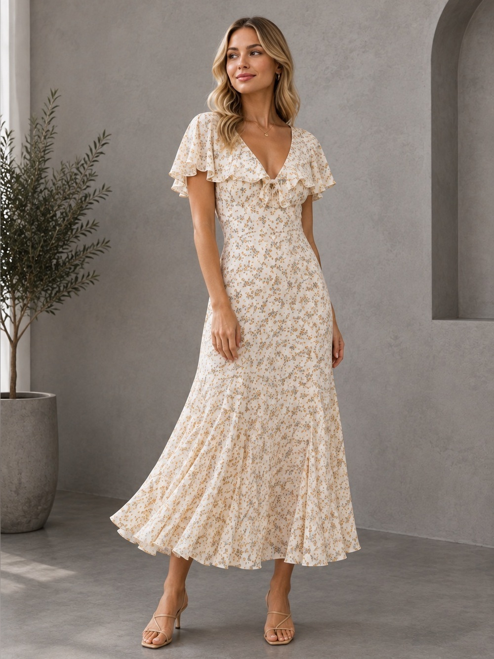 New Reformation Bronwen Capelet Midi Dress in Adagio Ditzy Floral Size 8 B1918
